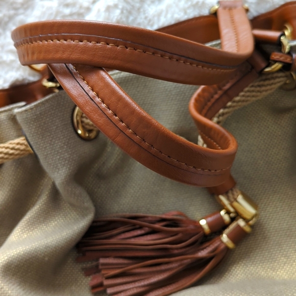 MICHAEL Michael Kors Gold Shimmer Canvas and Leather Tassel Drawstring S… - Picture 8 of 8